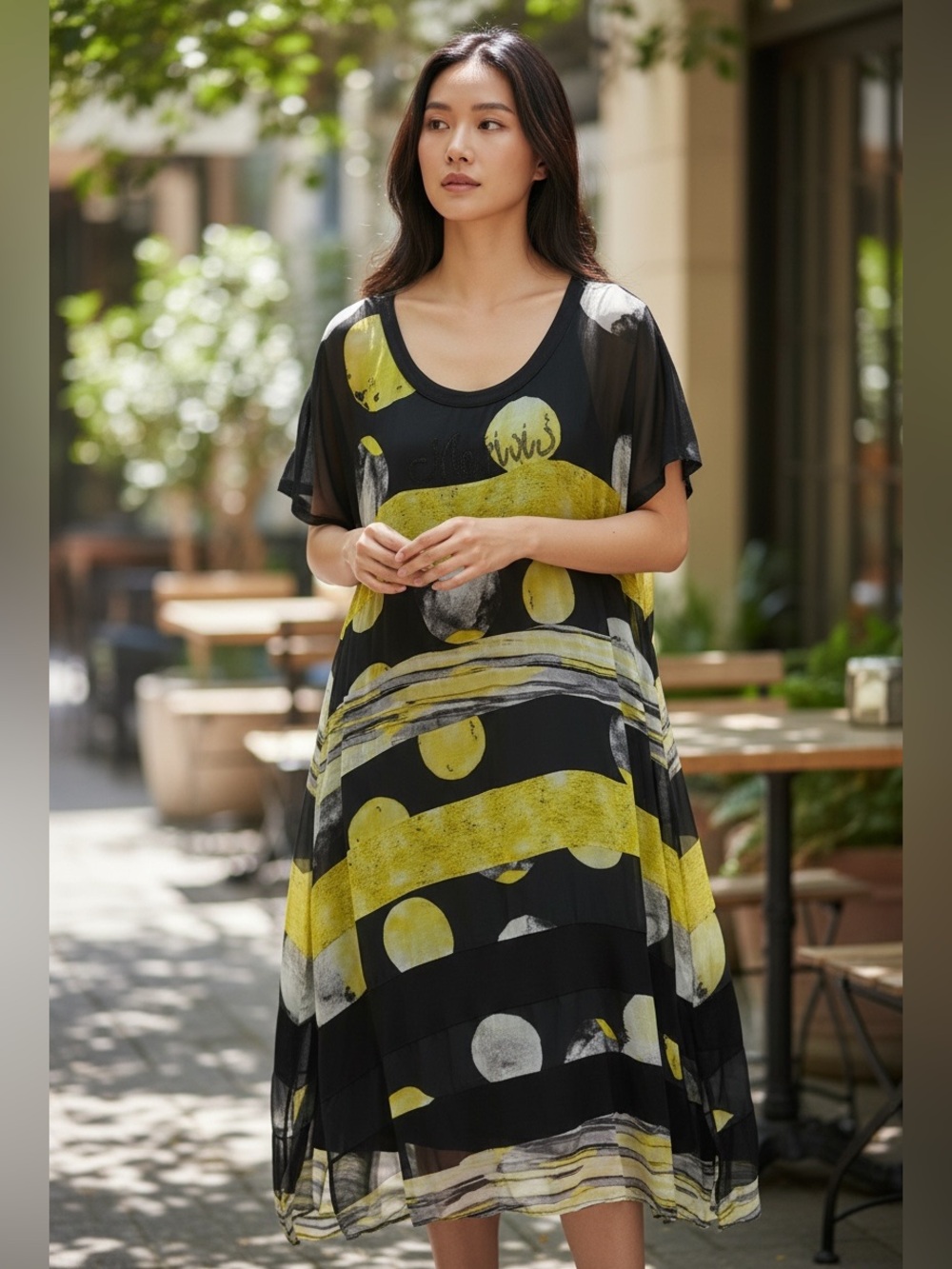 Black & yellow fabulous Marisis sheer dress with black slip